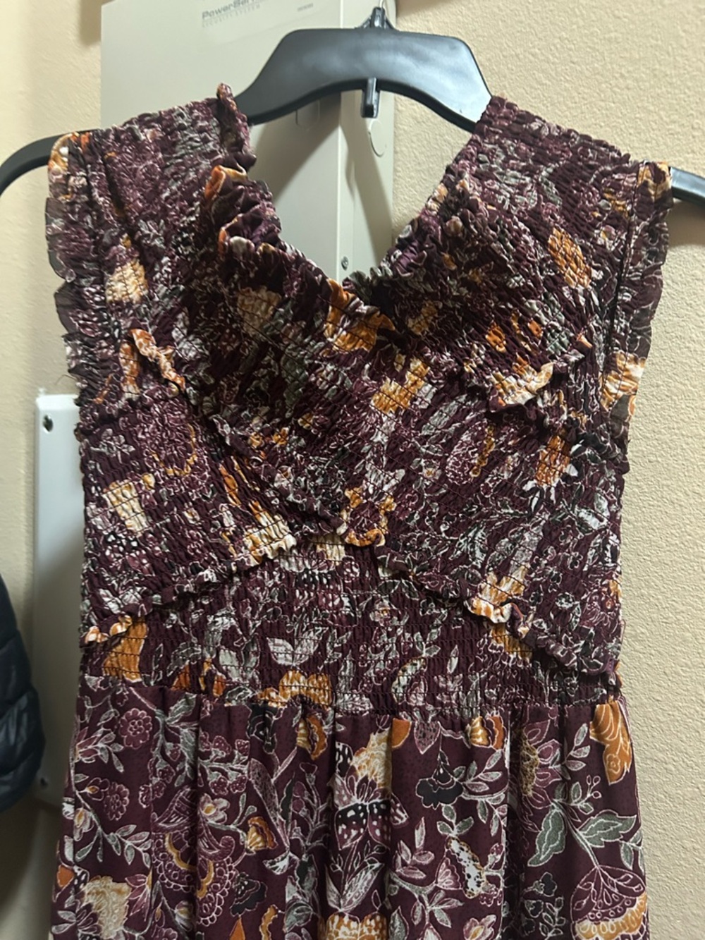 BB Dakota Maroon Floral Smocked dress with Mustard Accents
